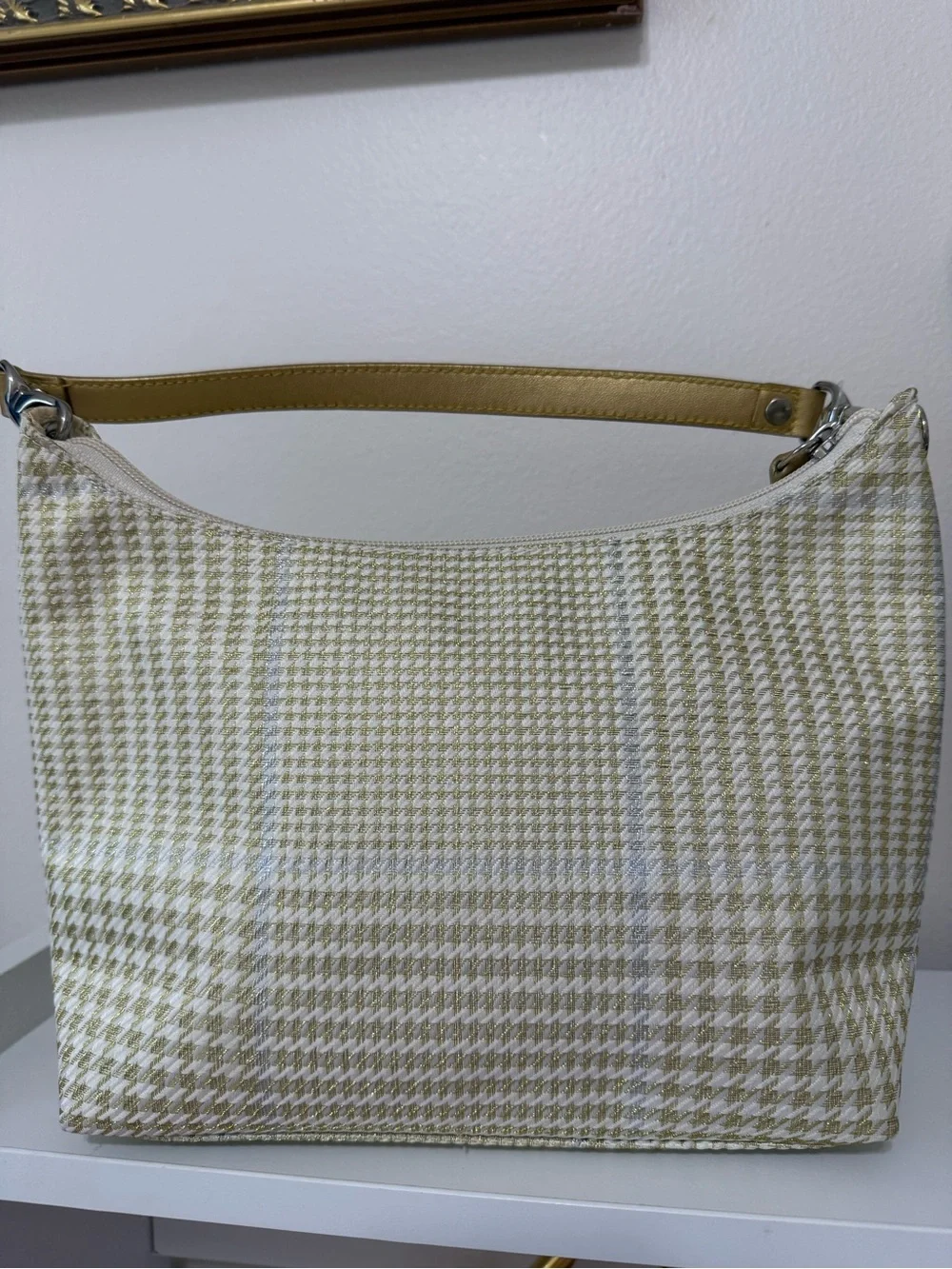 Vintage Ralph Lauren  Cream and gold Houndstooth Shoulder Bag with Gold Trim.